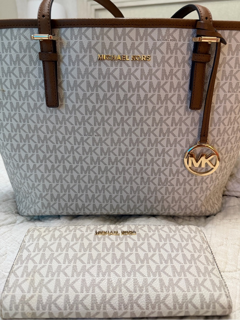 Michael Kors Cream Signature Tote with Brown Trim and Matching Wallet